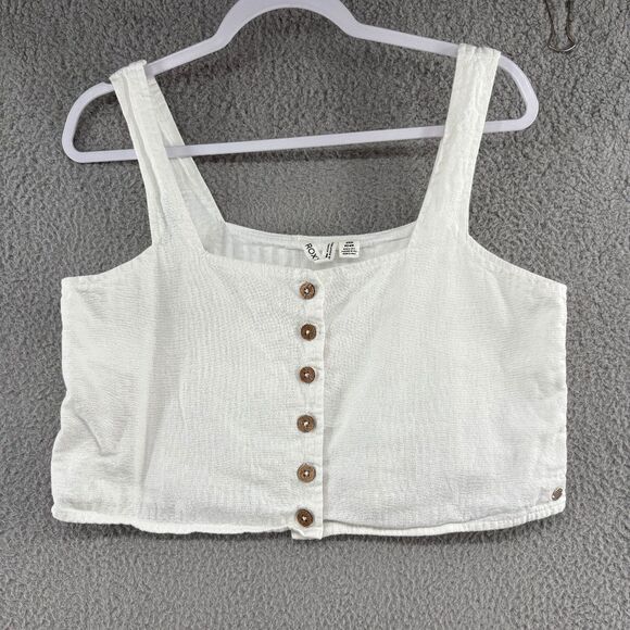 Roxy White Linen Blend Button Front Crop Tank Top Size M - Picture 1 of 14